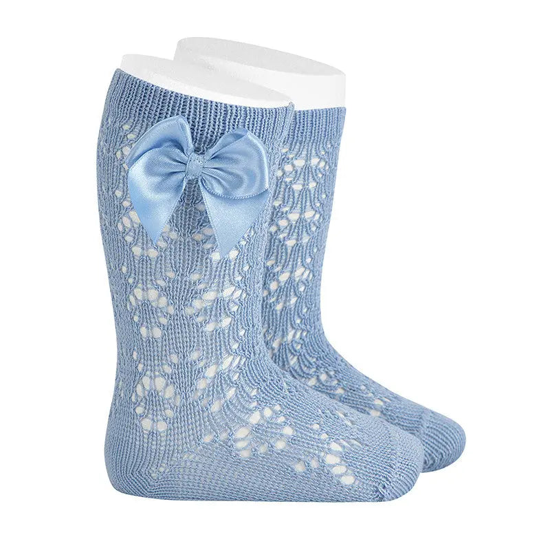 Condor Perle Geometric Openwork Knee High Socks With Bow Bluish