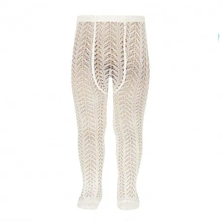 Condor Perle Openwork Tights Beige for babies, crochet-knit pattern shown on a baby's legs.
