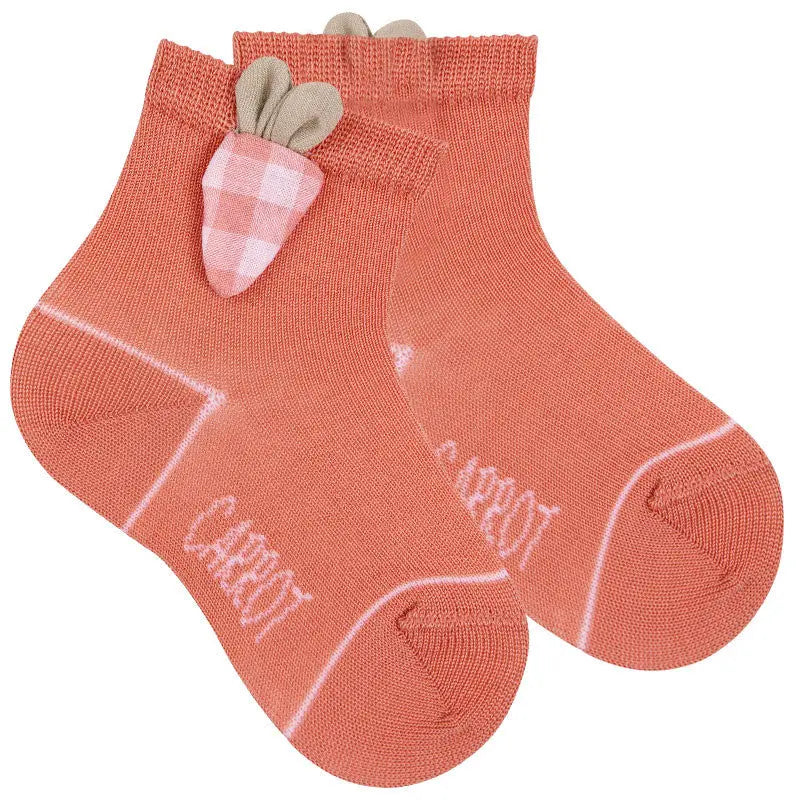 Condor short socks with carrot appliqué in peony orange, ankle-length knit showing pink carrot charm.