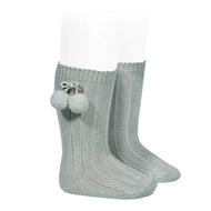 Condor Warm Cotton Rib Knee High Socks With Pompom Dry Green