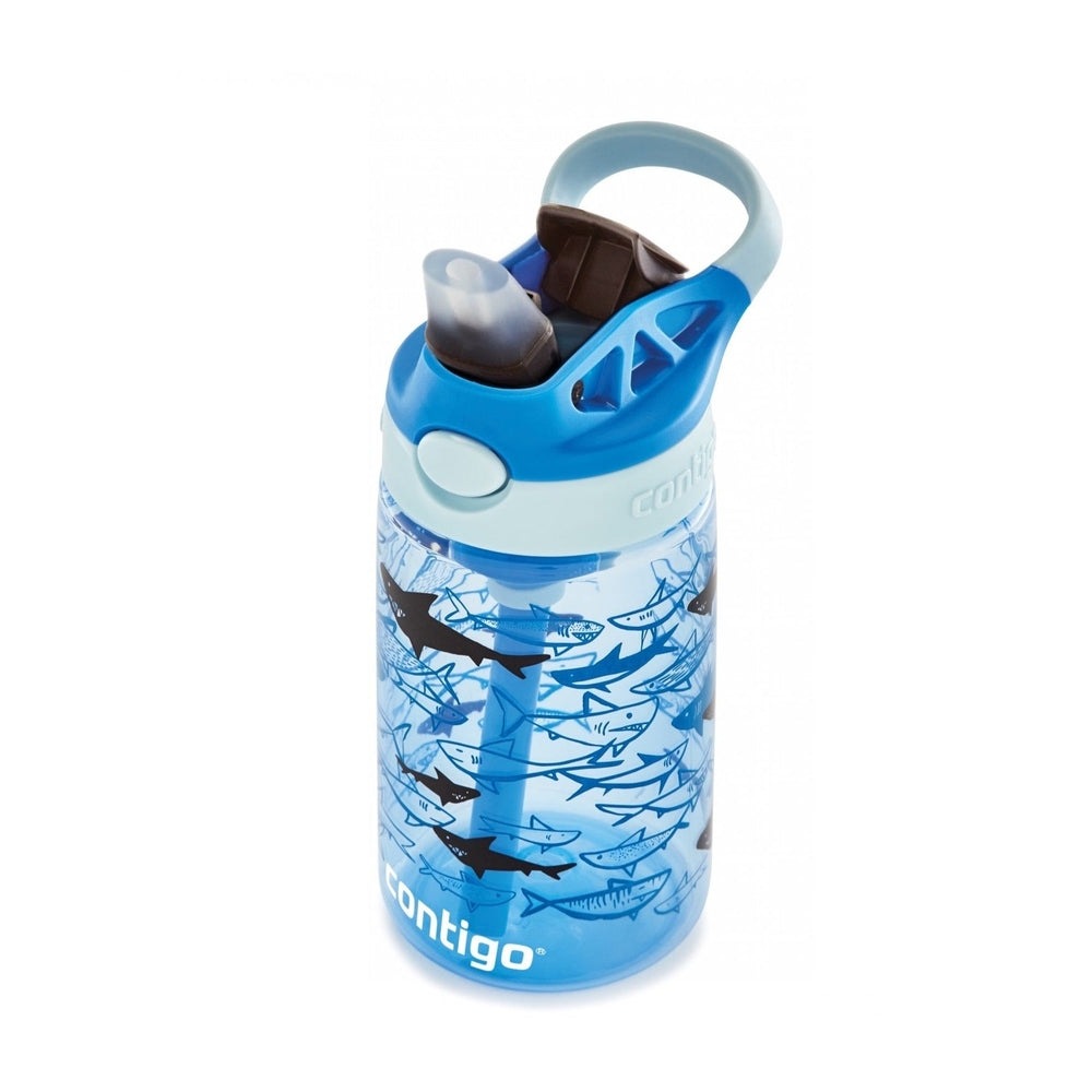 Contigo Cleanable 14 oz water bottle, blue with gummy shark artwork