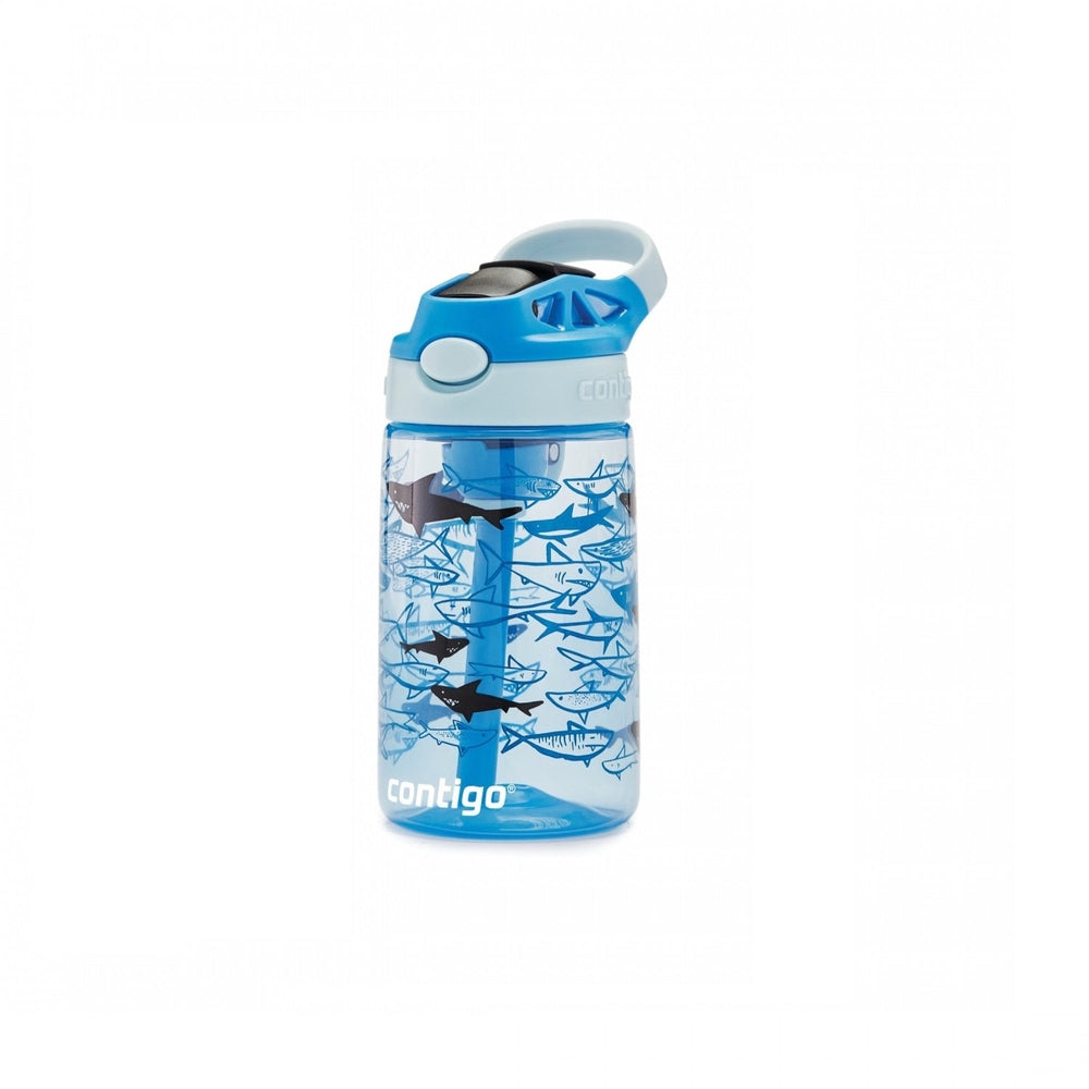 Contigo 14 oz water bottle with blue lid and cotton candy gummy shark print