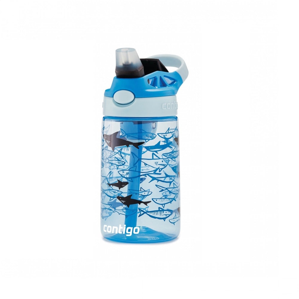 Contigo Cleanable 14 oz water bottle with cotton candy gummy shark print and blue lid