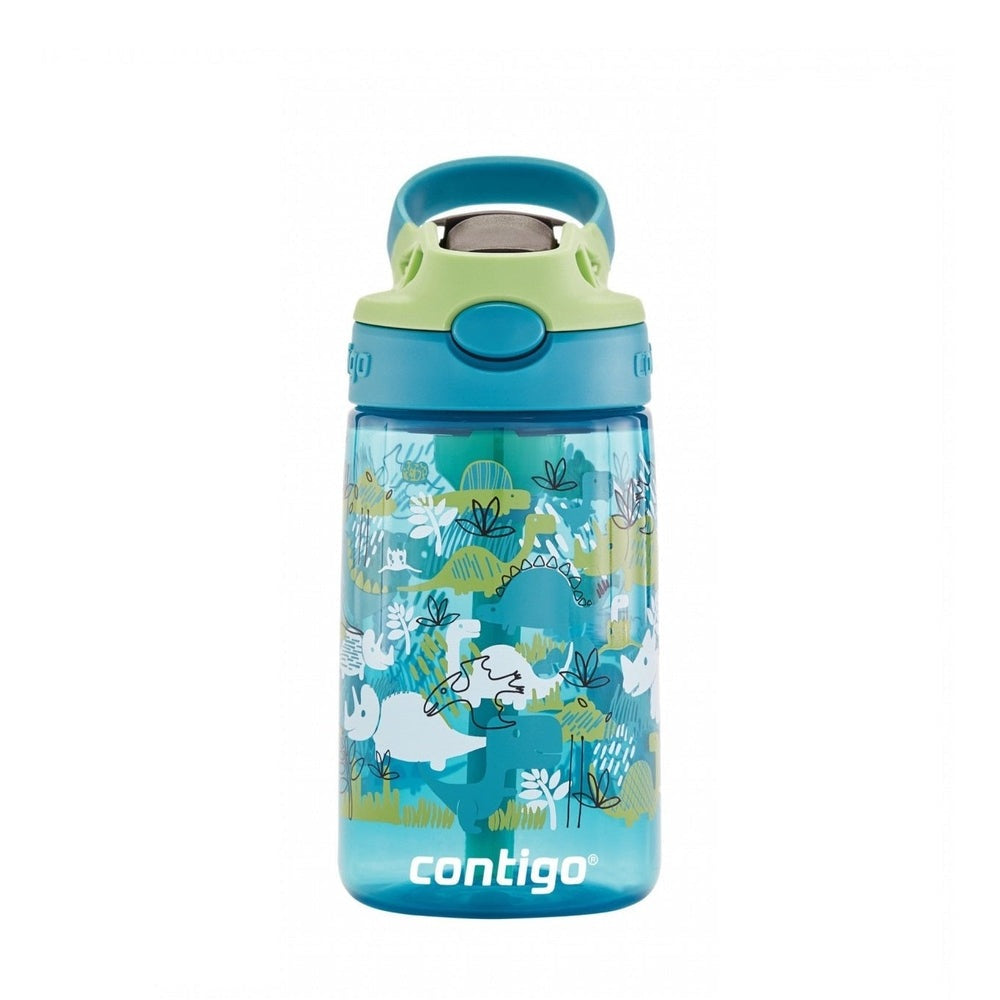 Contigo 14 oz kids water bottle Juniper Green Apple with blue cap and dinosaur illustration