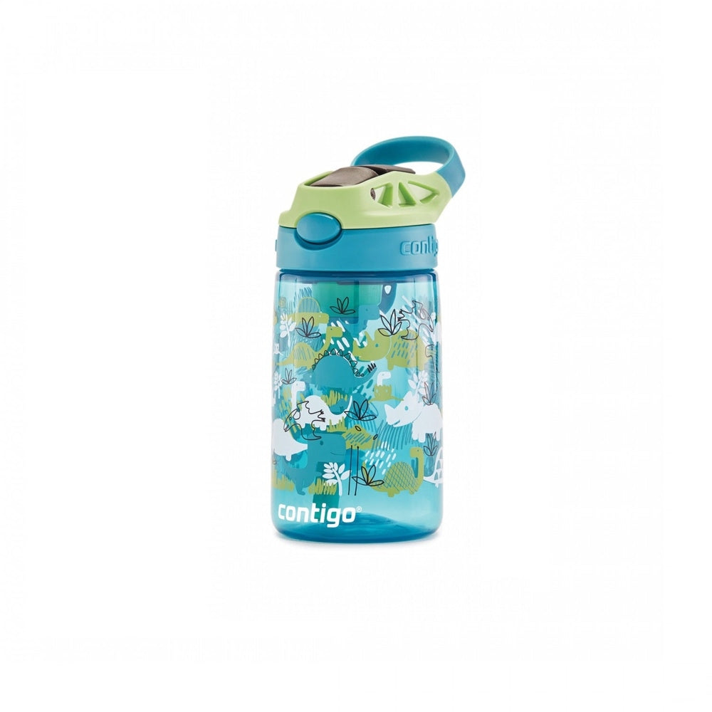 Contigo Cleanable 14 oz water bottle in juniper green apple with blue lid and dinosaur print.