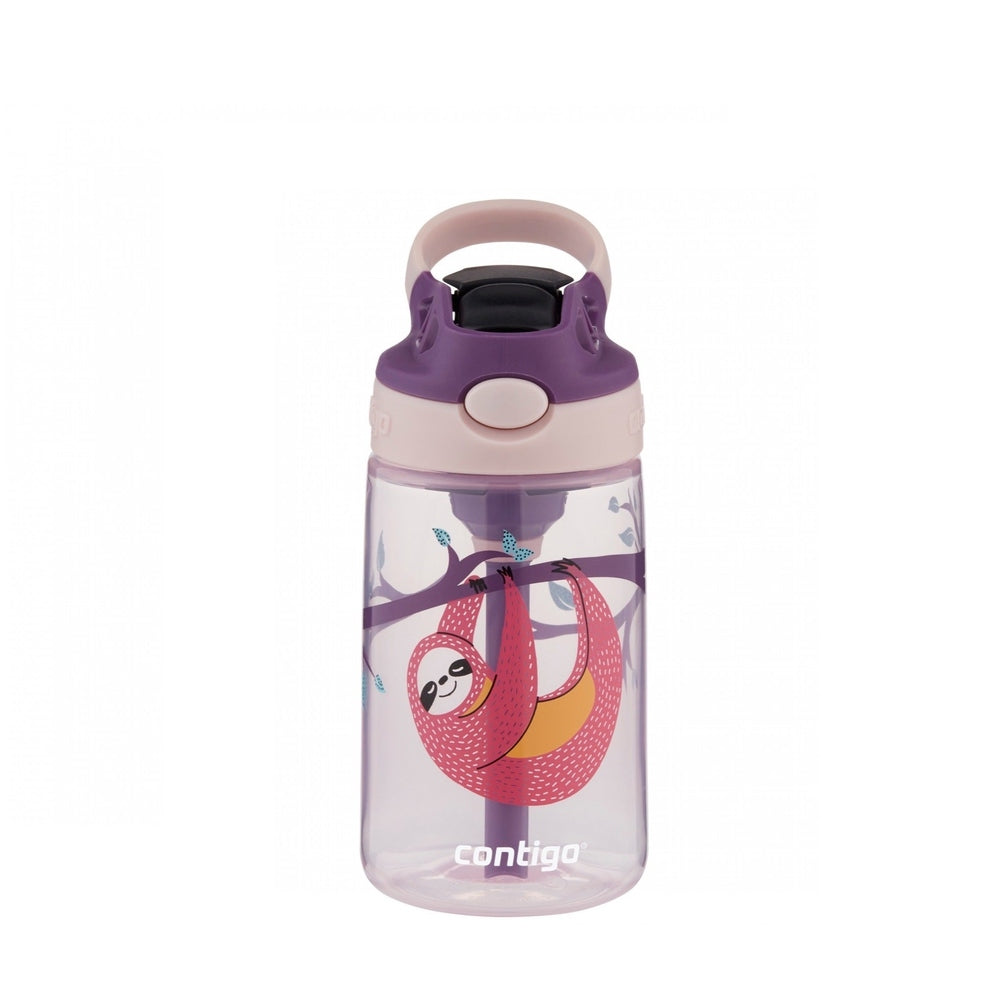 Contigo 14 oz water bottle, purple lid, clear body with pink sloth artwork and eggshell cap