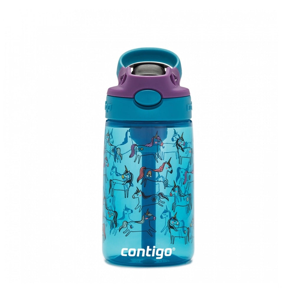 Contigo 14 oz unicorn water bottle; blue bottle with purple lid and turquoise accent, features whimsical unicorn print