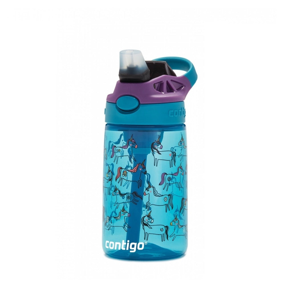 Contigo 14 oz unicorn-pattern water bottle with teal body, purple cap and eggplant accents