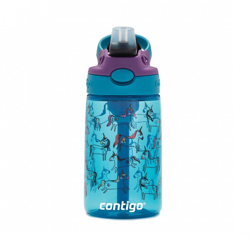 Contigo 14 oz unicorn-pattern water bottle in blue with purple lid and teal accents