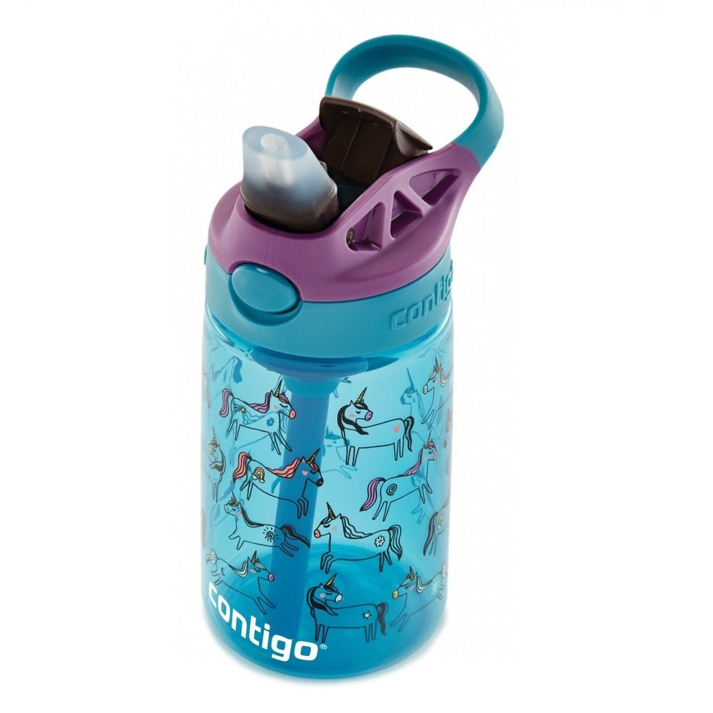 Contigo water bottle 14 oz blue with unicorn print and turquoise lid