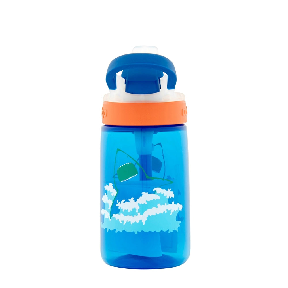 Contigo Gizmo Flip 14 oz water bottle with blue shark-attack design, blue cap, orange ring