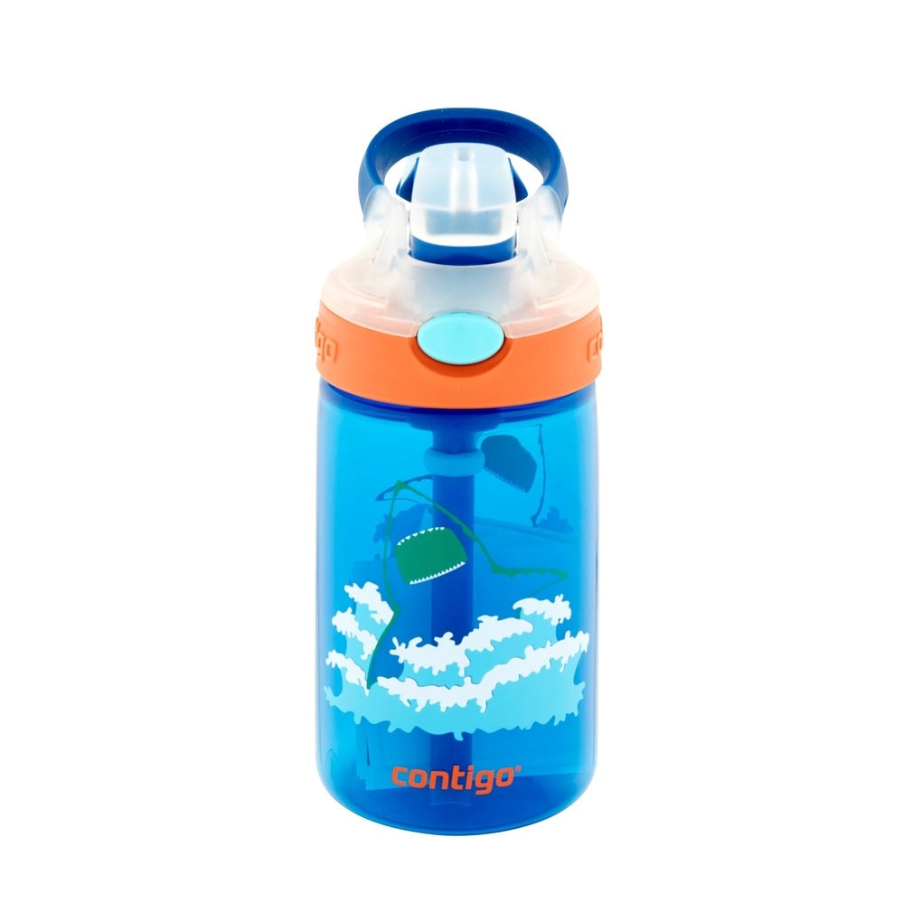 Contigo Gizmo Flip 14 oz blue water bottle with orange latch and shark attack graphic