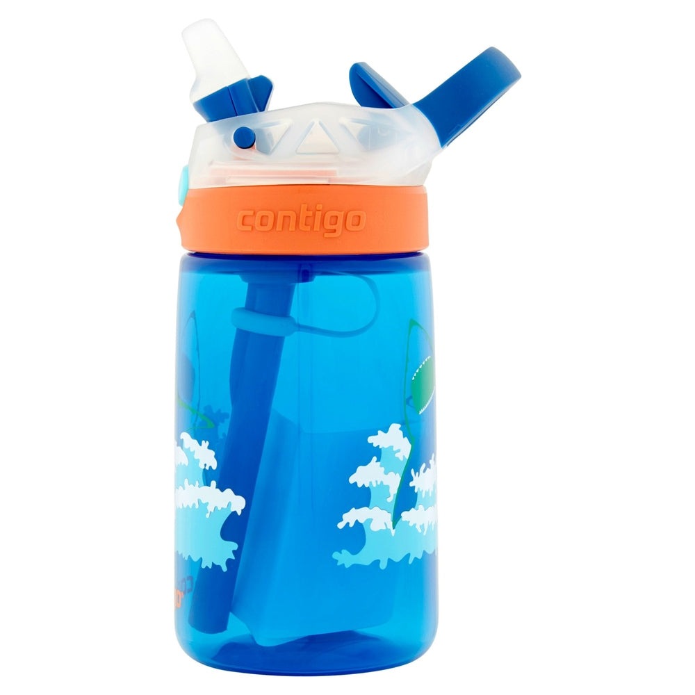 Contigo Gizmo Flip 14 oz water bottle, French Blue Shark Attack, blue flip lid