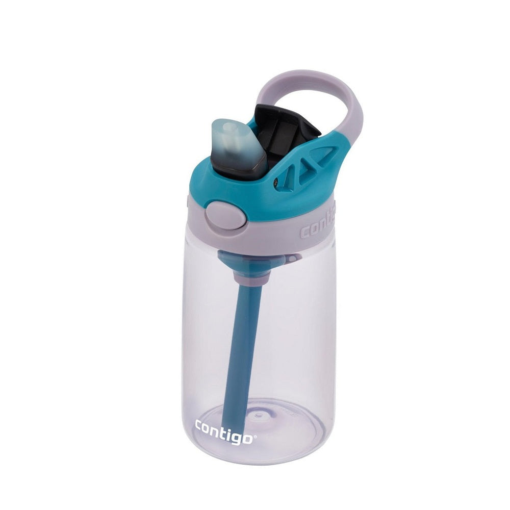 Contigo 14 oz water bottle with purple body, teal lid, and straw; cleanable lid.