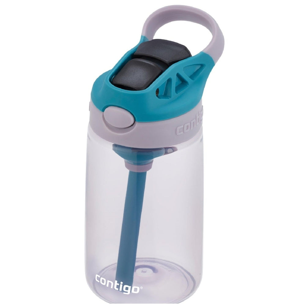 Contigo 14 oz water bottle with teal lid, purple flip cap, clear body and straw