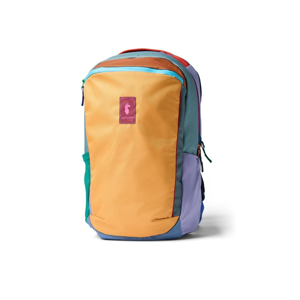 Cotopaxi Allpa 18L Daypack in orange front panel with teal sides and purple bottom, front view.