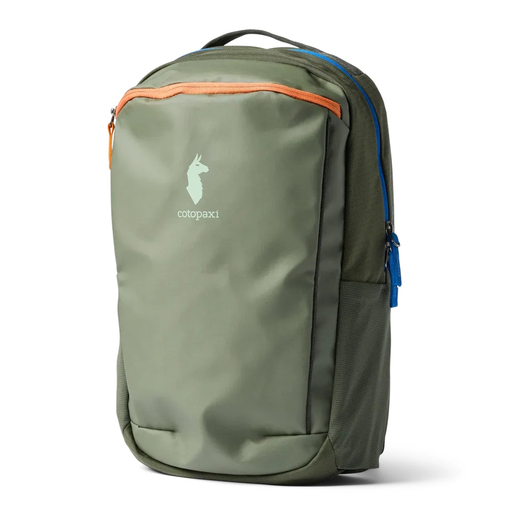 Cotopaxi Allpa 18L Daypack in Sage Green front panel with olive sides, orange zipper and blue zipper pull.