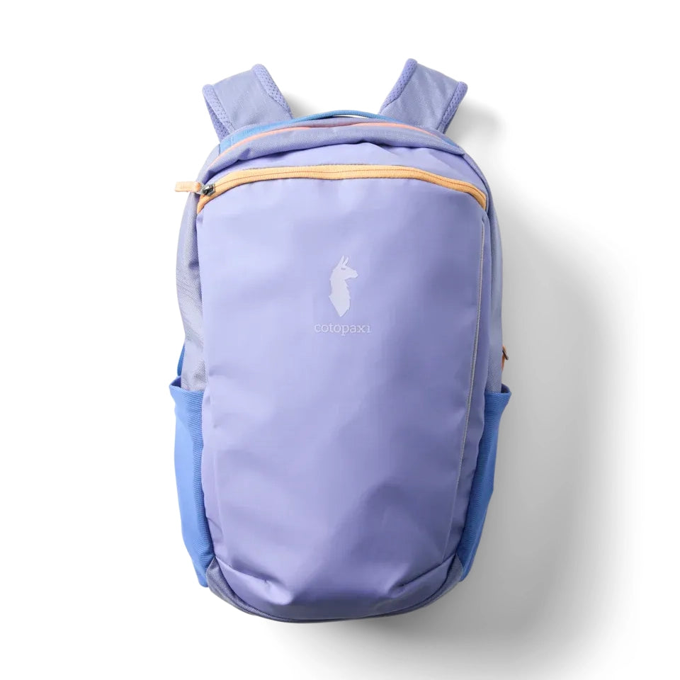 Cotopaxi Allpa 18L Daypack in lavender with peach zipper and blue side pockets, front view.