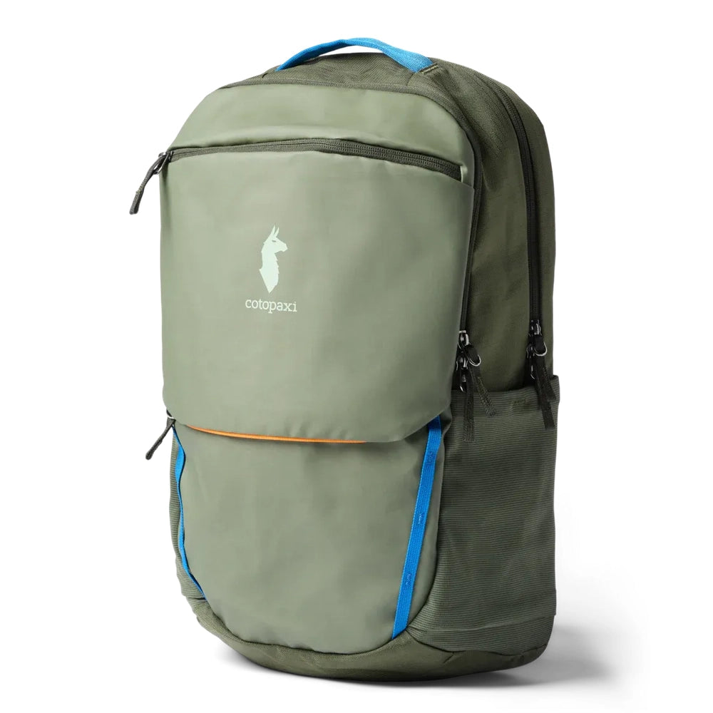 Cotopaxi Allpa 26L Daypack in Sage Green front panel, Olive body, and blue zipper accents