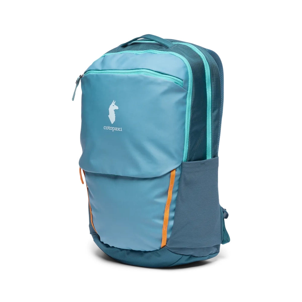 Cotopaxi Allpa 26L Daypack in Light Blue with teal trim and orange zippers, front view.