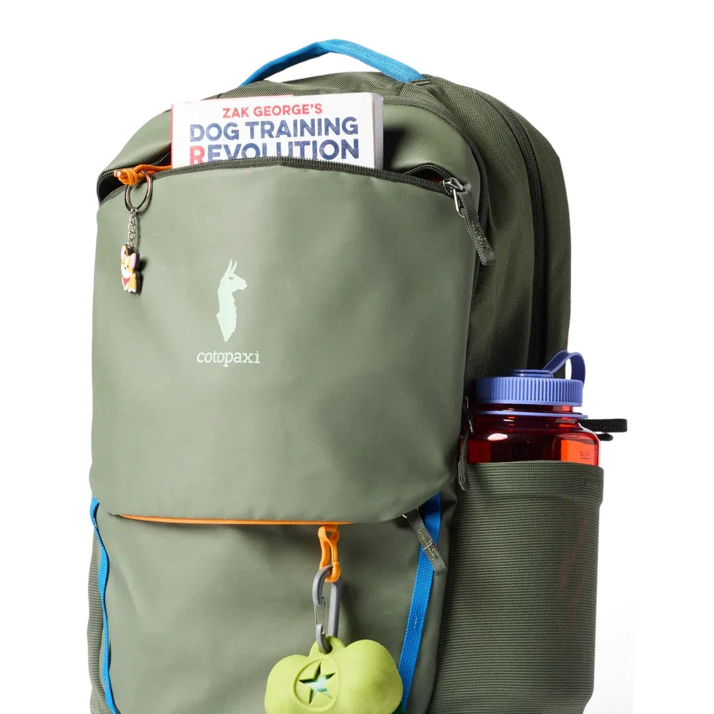 Cotopaxi Allpa 26L Daypack in Olive Green with blue zipper pulls and side water bottle pocket.