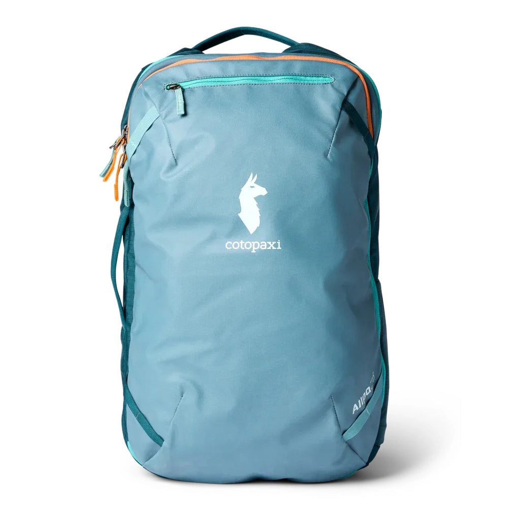 Cotopaxi Allpa 28L Travel Pack in Light Blue with teal zippers and orange pulls