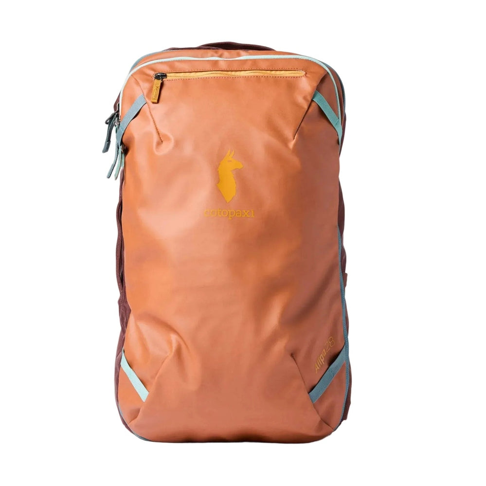 Cotopaxi Allpa 28L Travel Pack in Burnt Orange with Teal Zipper Accents