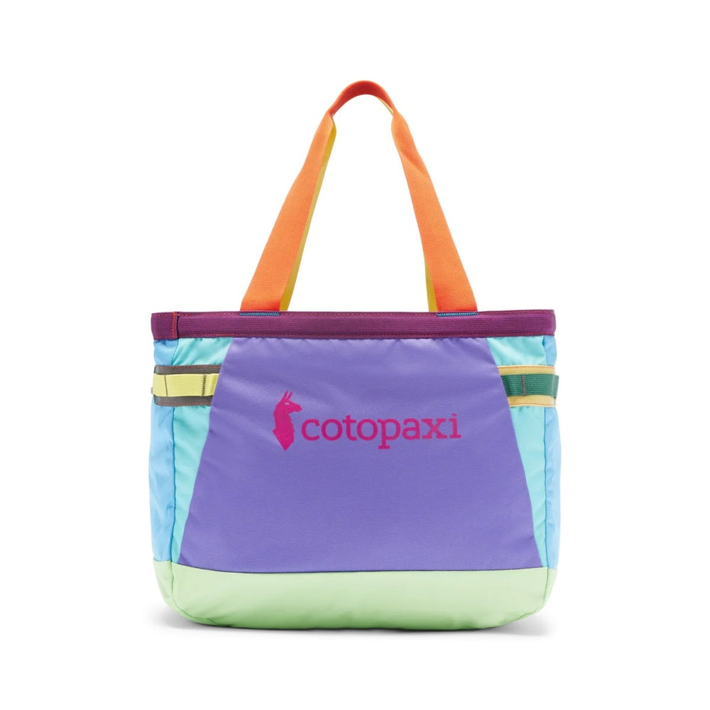 Cotopaxi Allpa 30L Gear Hauler Tote in lavender purple with teal sides and lime bottom, orange handles