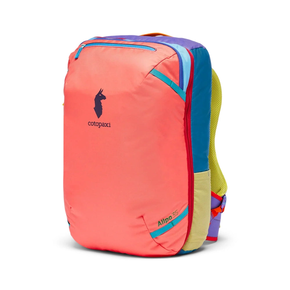 Cotopaxi Allpa 35L Travel Pack in coral pink with teal zipper, purple top, blue side panel, and yellow mesh back panel