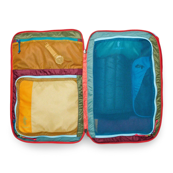 Cotopaxi Allpa 42L Travel Pack in Multicolor open view with orange zip-pocket left panel and blue mesh right panel