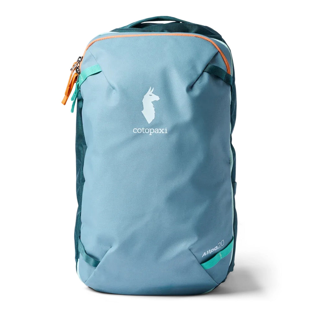 Cotopaxi Allpa Mini 20L Travel Pack in Light Blue with orange zipper and teal zipper pulls