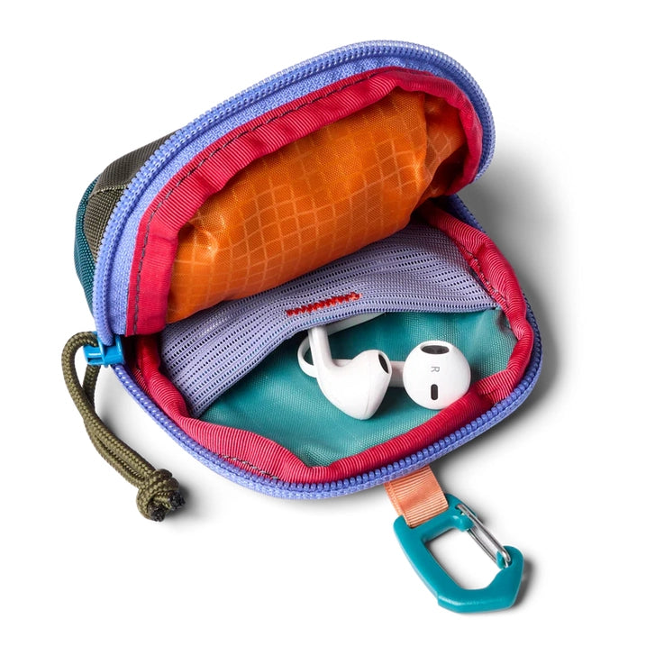 Cotopaxi Allpita Mini Bag in Multicolor with teal interior, orange pocket, pink trim, turquoise carabiner