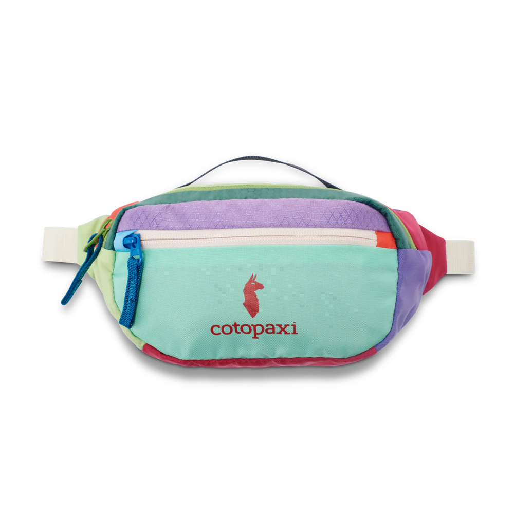 Cotopaxi Kapai 1.5L Hip Pack in pastel turquoise with lavender top and red logo on front.