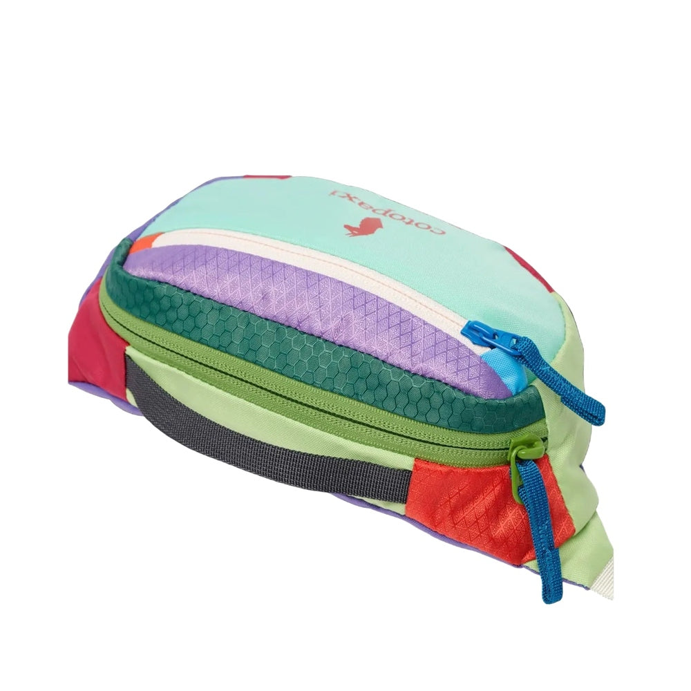 Cotopaxi Kapai 1.5L Hip Pack in mint green with lavender zip panel and teal zipper accents