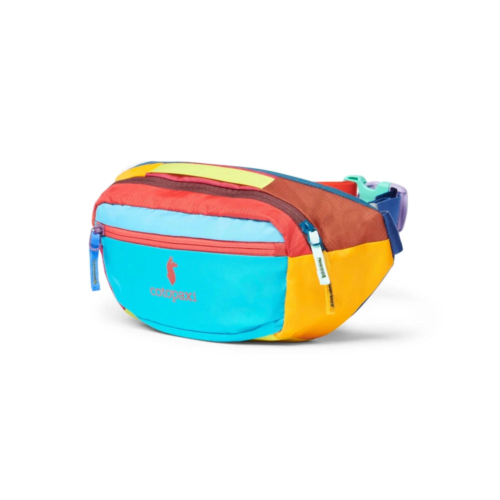 Colorful waist bag with a visible brand logo on a white background