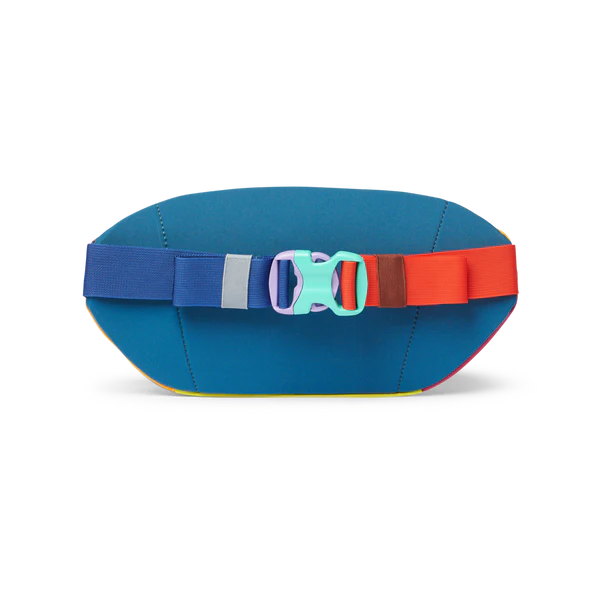 Blue waist bag with colorful straps on a white background