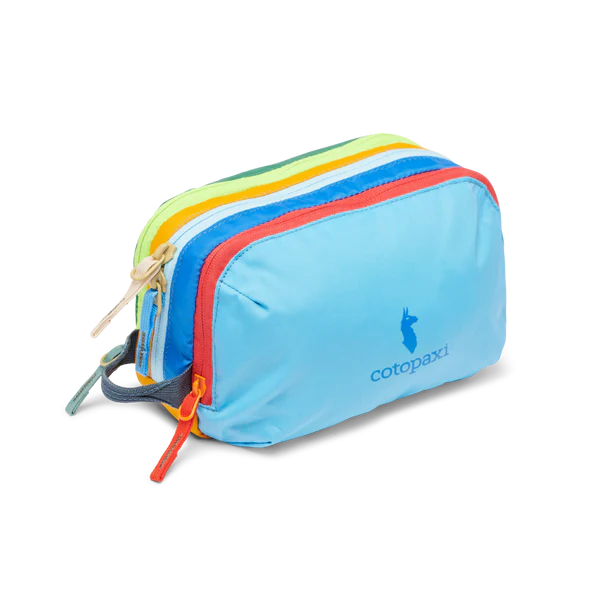 Cotopaxi Nido Accessory Bag in light blue with rainbow zippers
