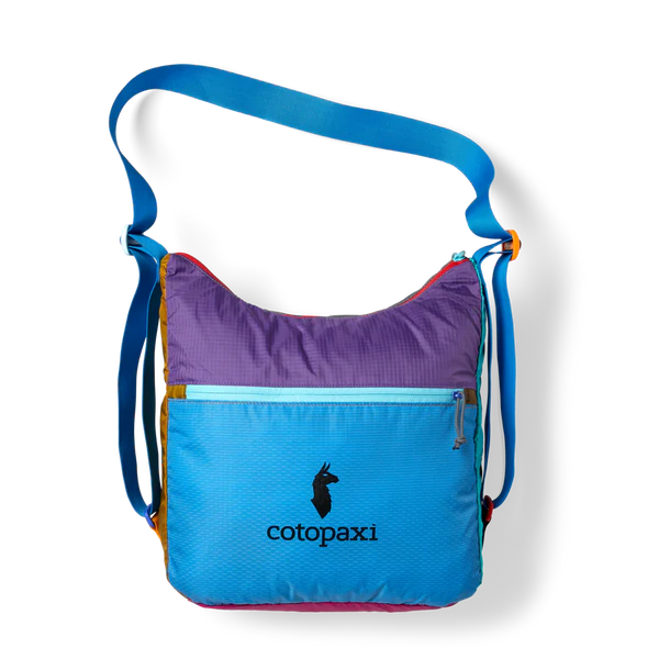 Cotopaxi Taal Convertible Tote Bag in Blue front pocket with Purple upper panel and Yellow side accents