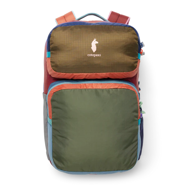 Cotopaxi Tasra 16L Backpack in Olive Green with brown top lid, orange trim, and teal accents