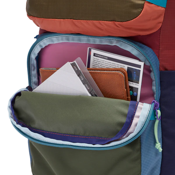 Cotopaxi Tasra 16L Backpack in Olive Green with Teal Zipper and Purple Interior