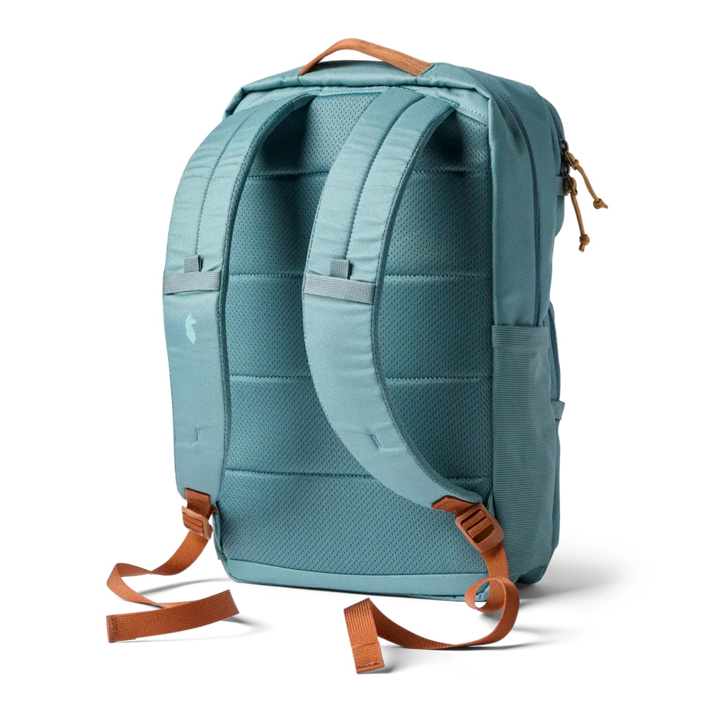 Cotopaxi Tasra 16L Daypack in Teal with tan leather top handle and orange-brown strap accents, back view.