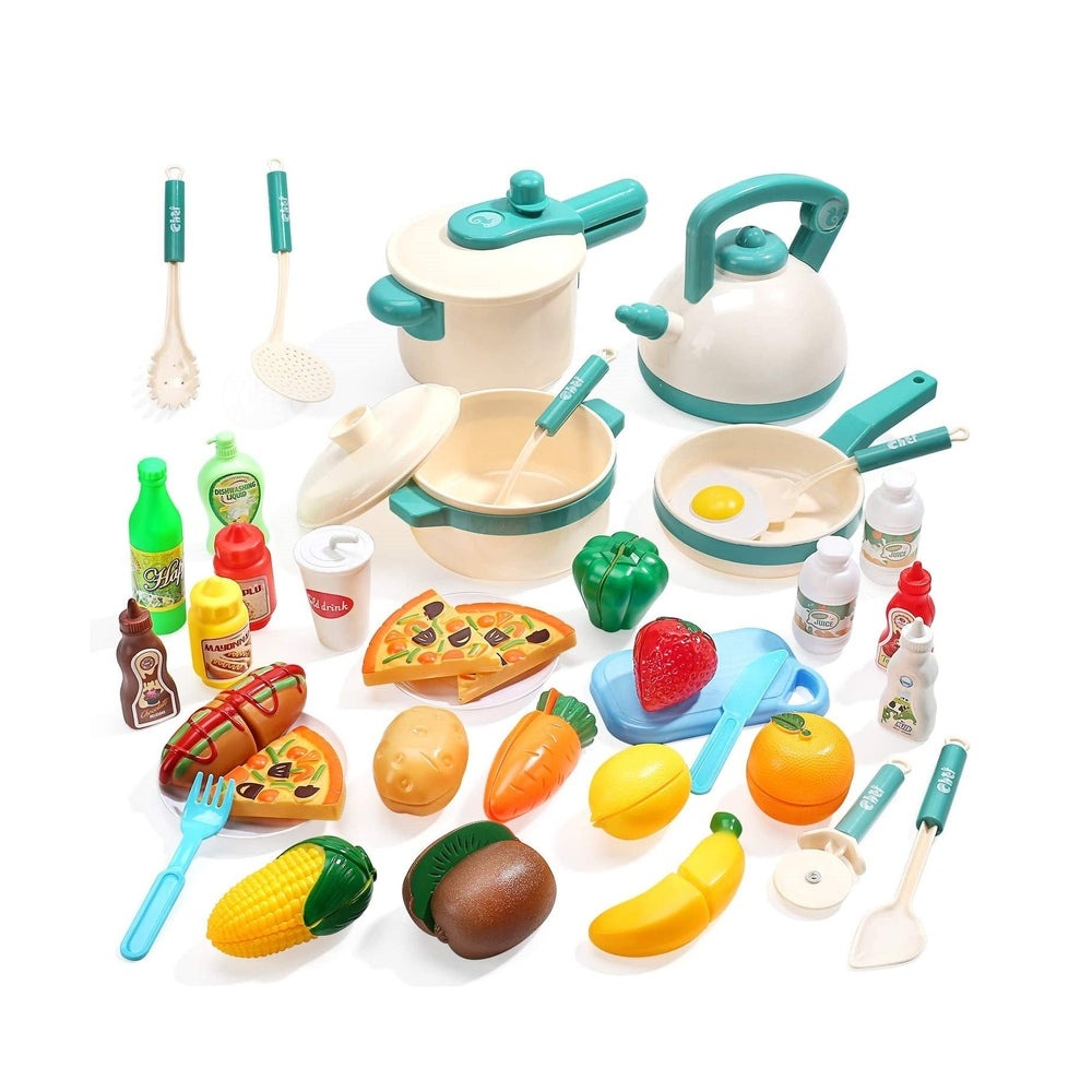 Cute Stone cooking toy set by CUTE STONE featuring turquoise cream pots, pans, utensils and pretend foods
