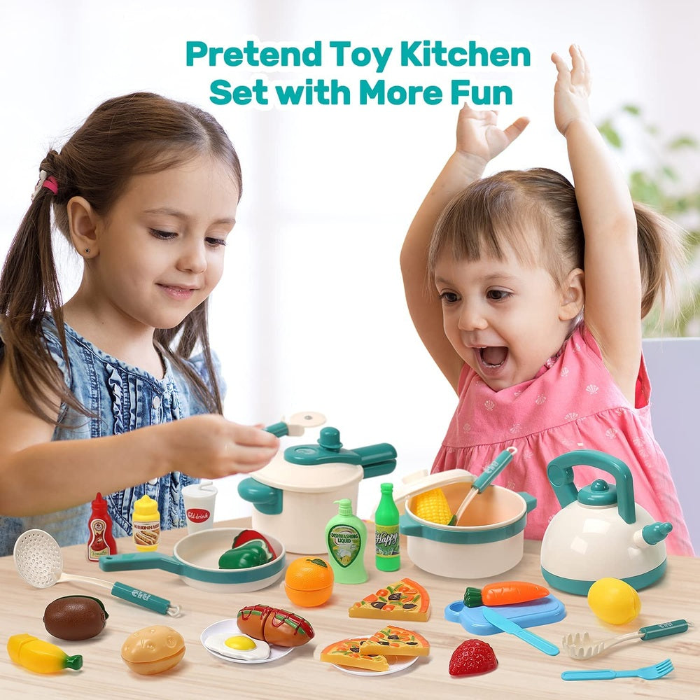 Cute Stone cooking toy set by CUTE STONE with teal and white pots, pans and pretend foods