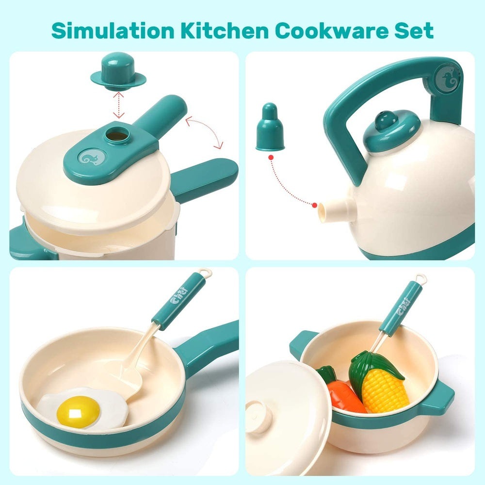 Cute Stone cooking toy set with teal and cream pots, pan, kettle and plastic vegetables