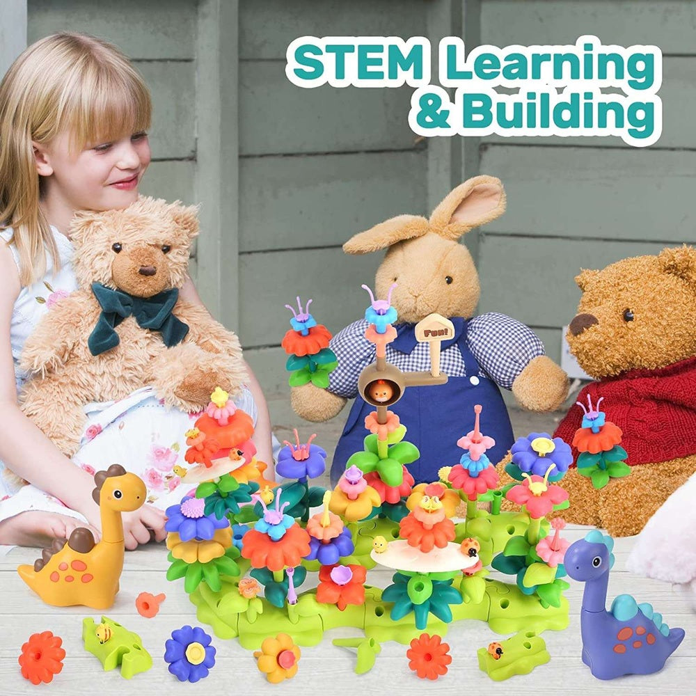 Cute Stone Flower Building Toy Set with colorful flower pieces and tiny figures for kids