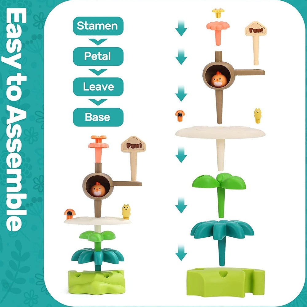 Cute Stone Flower Building Toy Set by CUTE STONE; colorful stackable flower/tree pieces with tiny figures and green bases.