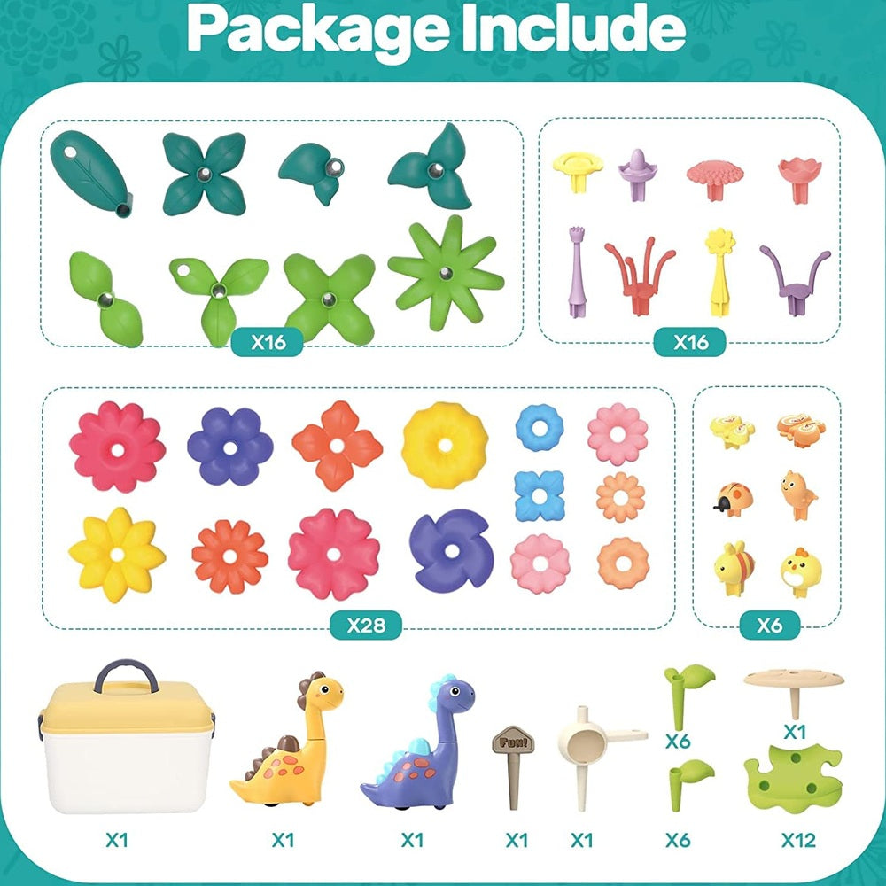 Cute Stone Flower Building Toy Set by CUTE STONE; colorful plastic flowers, 28 blooms, 16 stems, 6 animal figures, plus lunch box