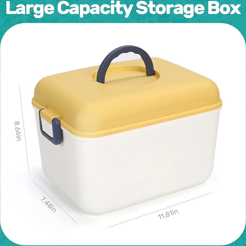 Cute Stone storage box with yellow lid, white body, blue handles
