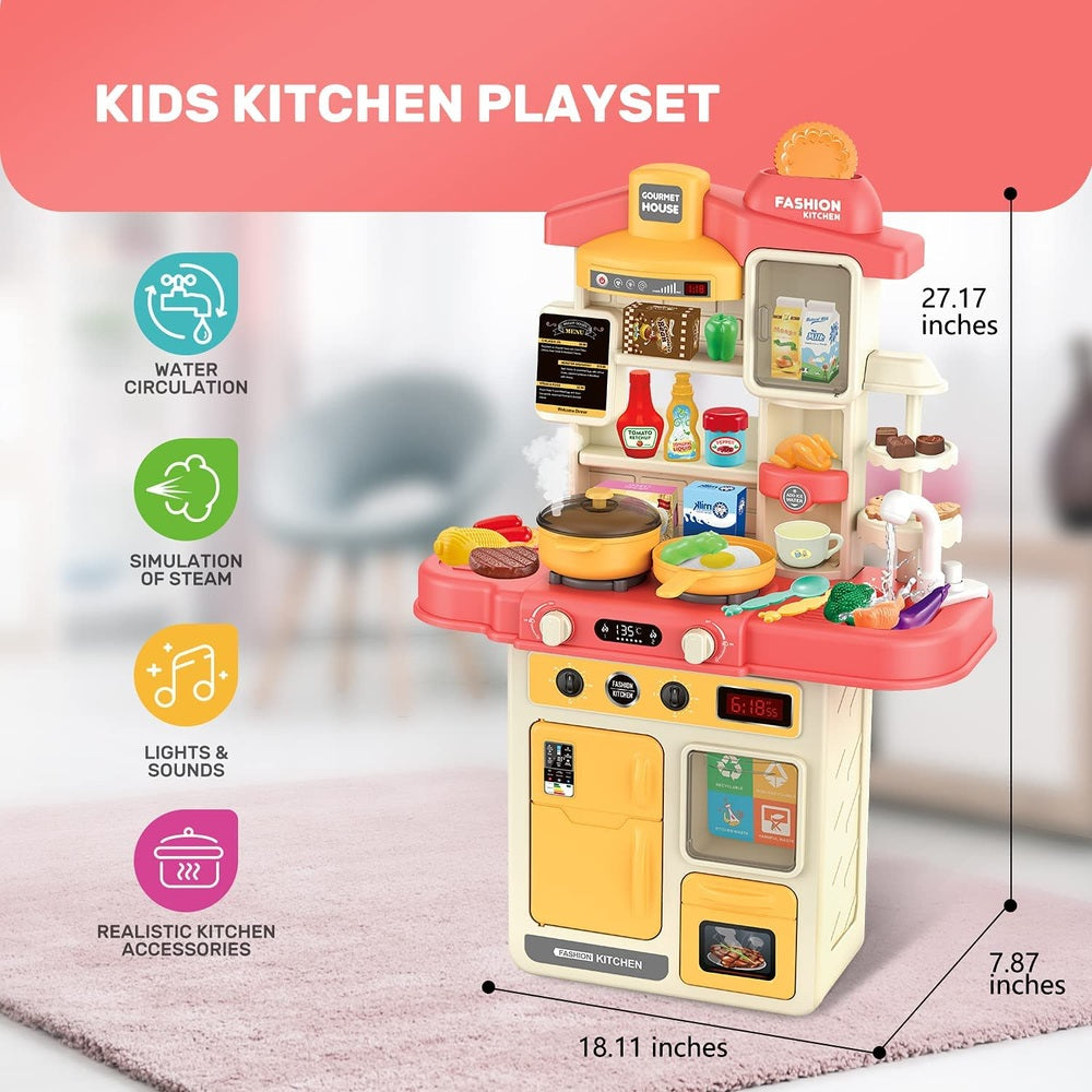 Cute Stone kids kitchen playset with pink and yellow stove, cookware, and accessories for pretend cooking