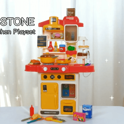 Cute Stone Kids Kitchen Playset by CUTE STONE, a colorful plastic toy kitchen with red and yellow accents and accessories